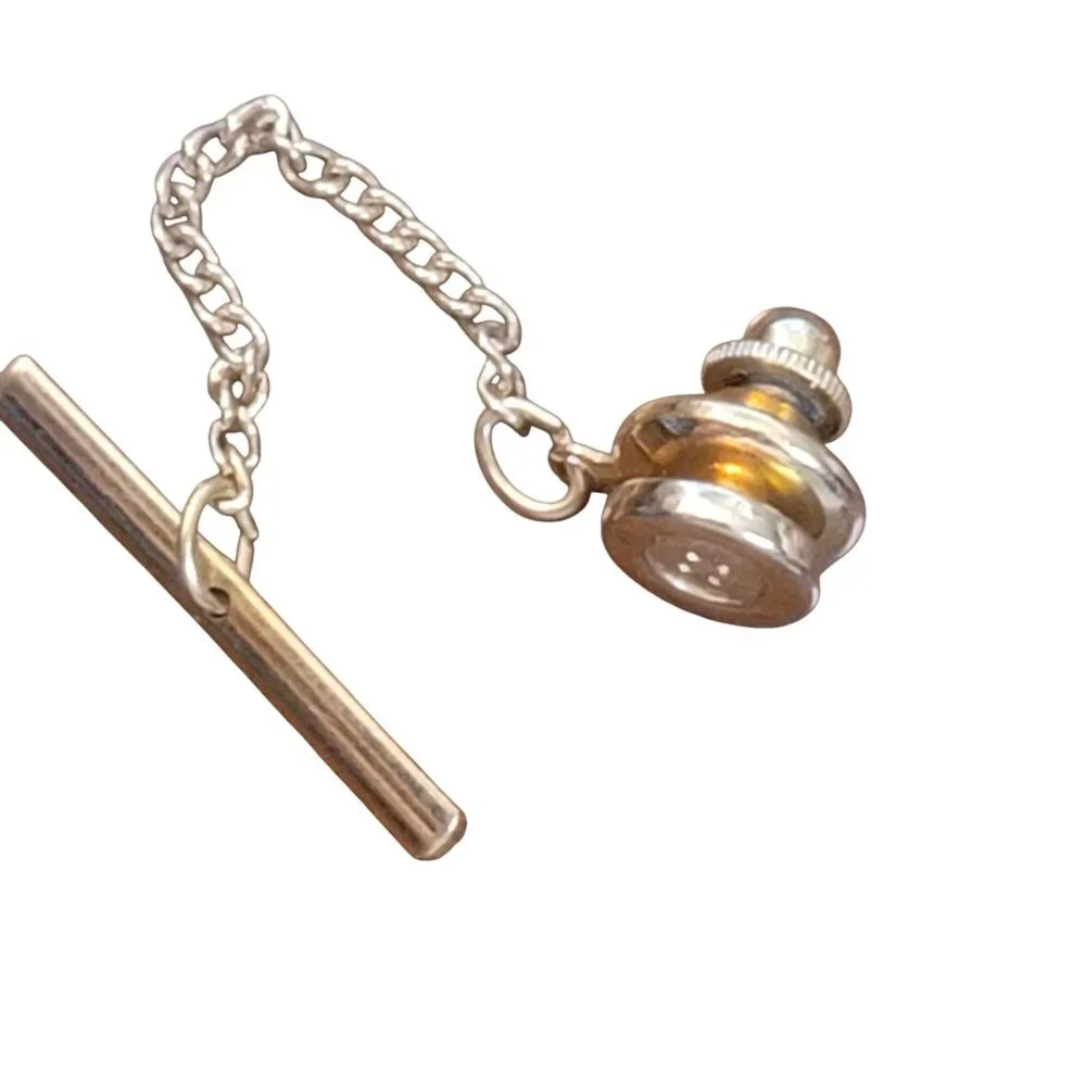 Vintage Swank Gold-Tone Button Style Tie Tack With Chain & Bar